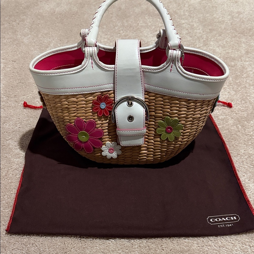 Vintage Coach Tan and White Woven Floral Shoulder Bag
